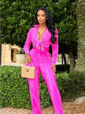 Hot Pink Women's 2 Piece — Tie-Front Long Sleeve